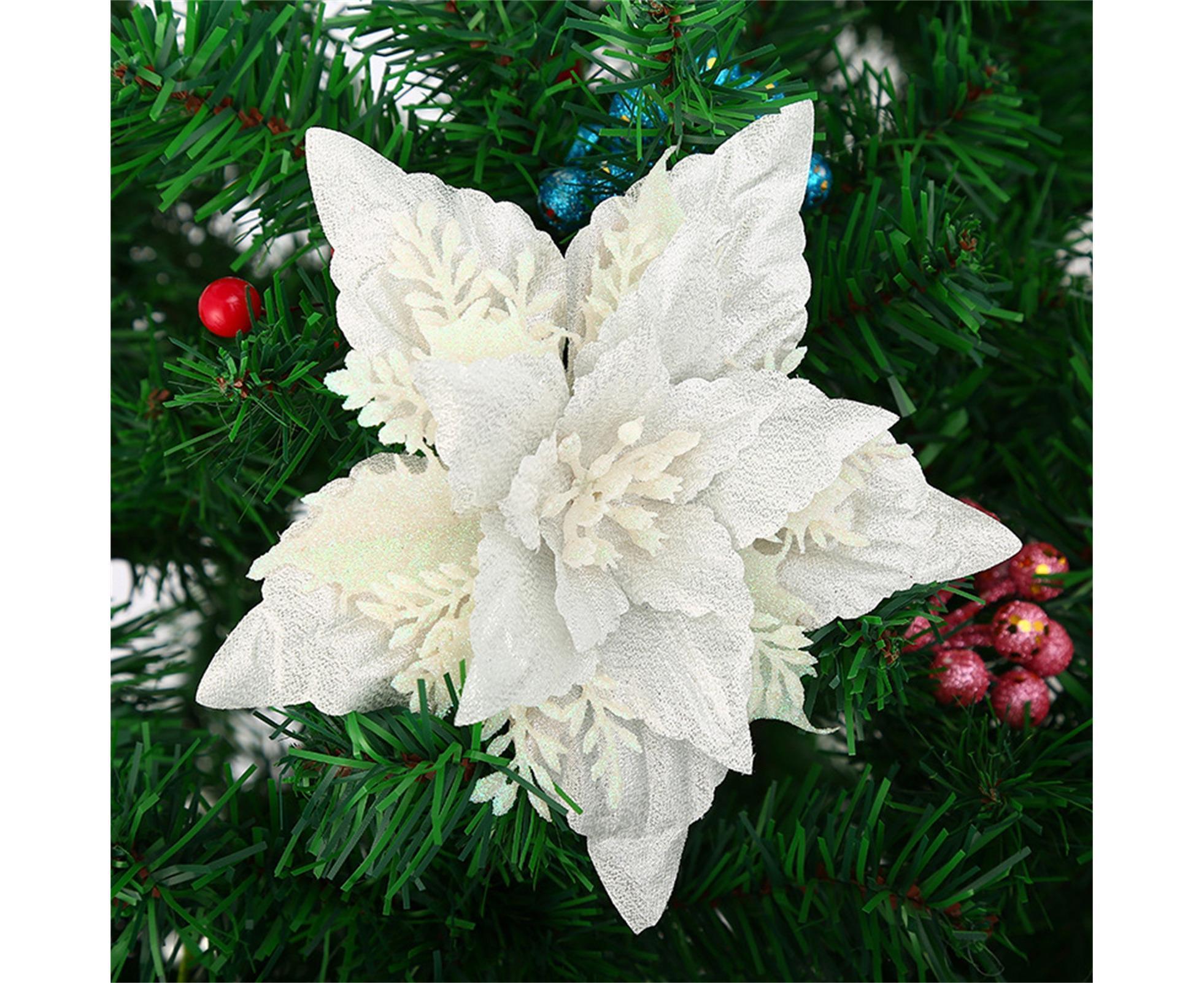 5Pcs Artificial Xmas Flower Leaves-Silver White - Image 2