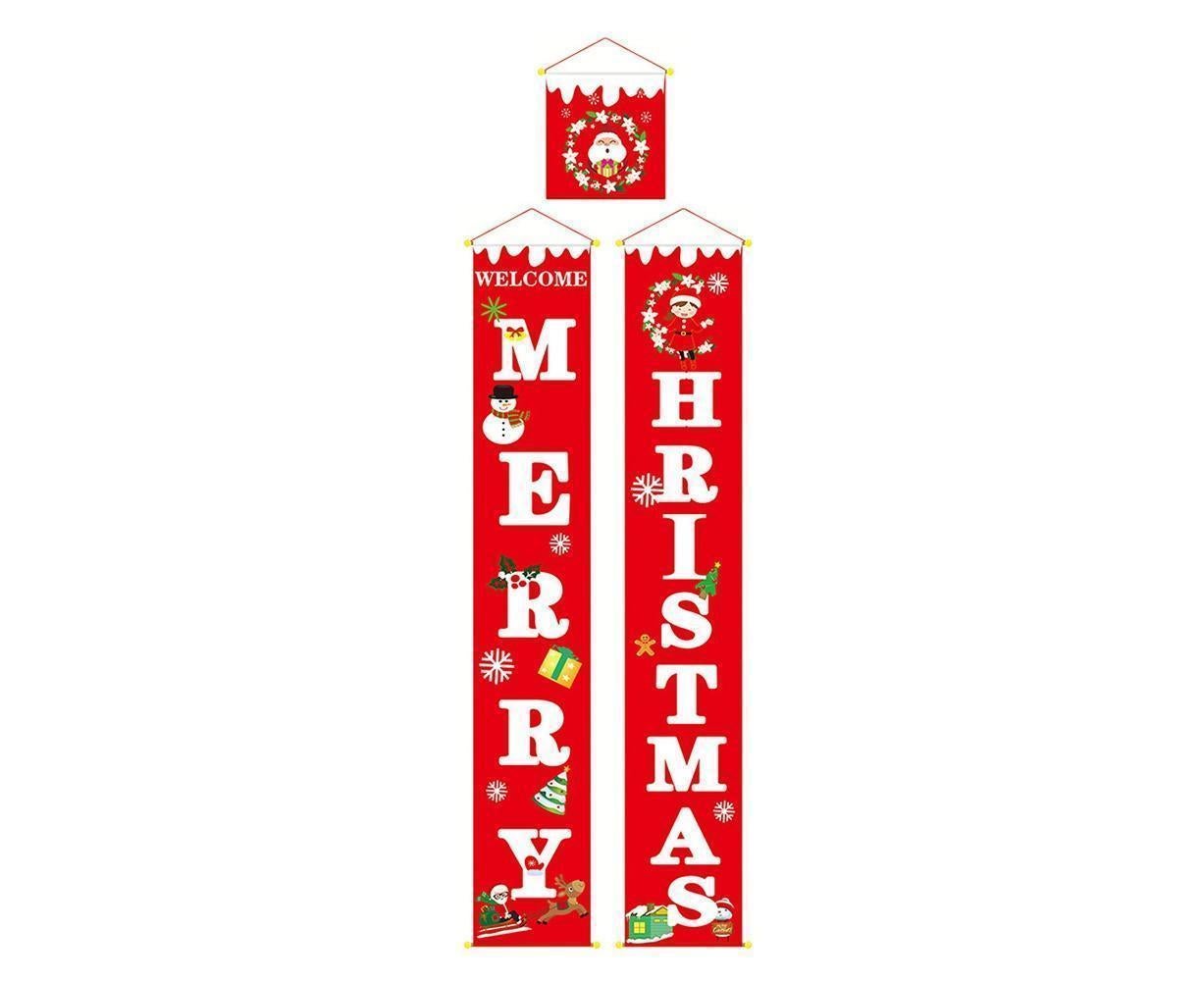 Merry Christmas Santa Elk Snowman Print Hanging Banner Sign Flag Xmas Door Decor-Red - Image 1