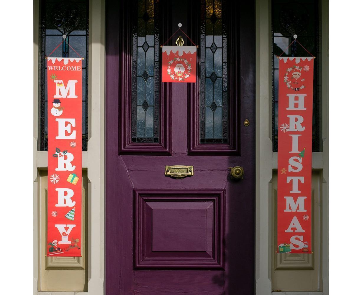 Merry Christmas Santa Elk Snowman Print Hanging Banner Sign Flag Xmas Door Decor-Red - Image 3