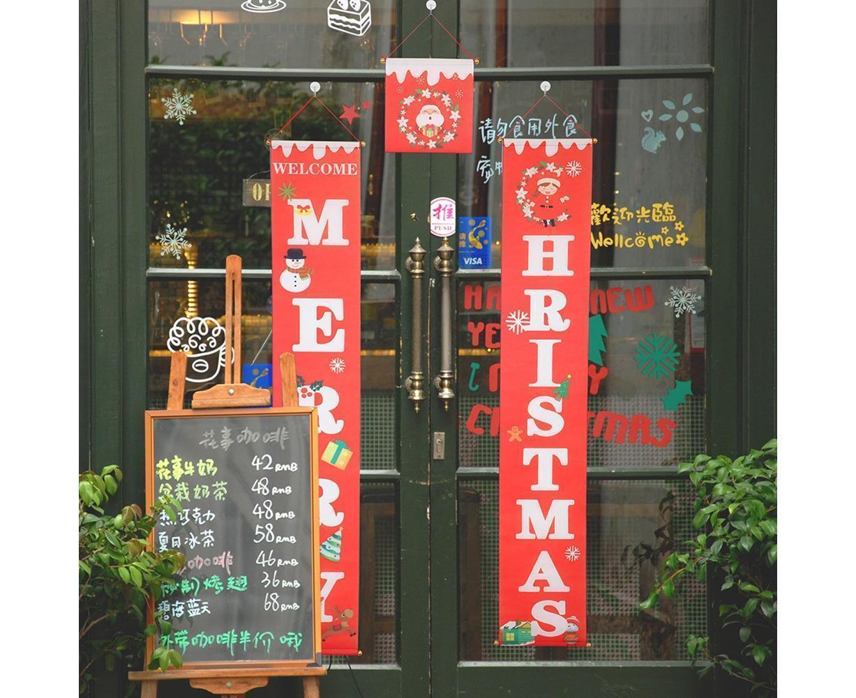 Merry Christmas Santa Elk Snowman Print Hanging Banner Sign Flag Xmas Door Decor-Red - Image 4