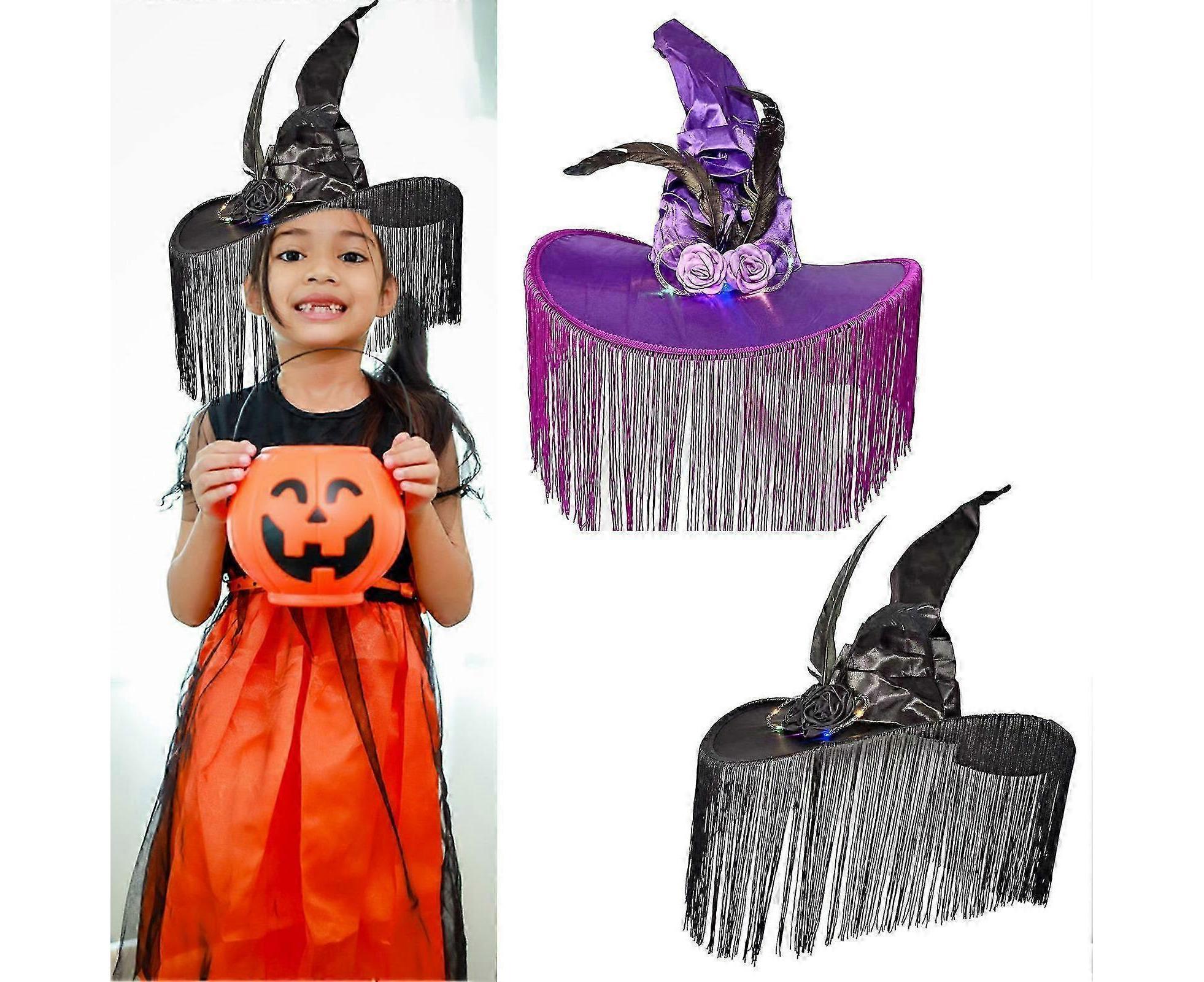 Halloween Witch Hat Wide Brim Tassel Wizard Hat With Artificial Rose Women Halloween Costume Accessory-Purple - Image 2