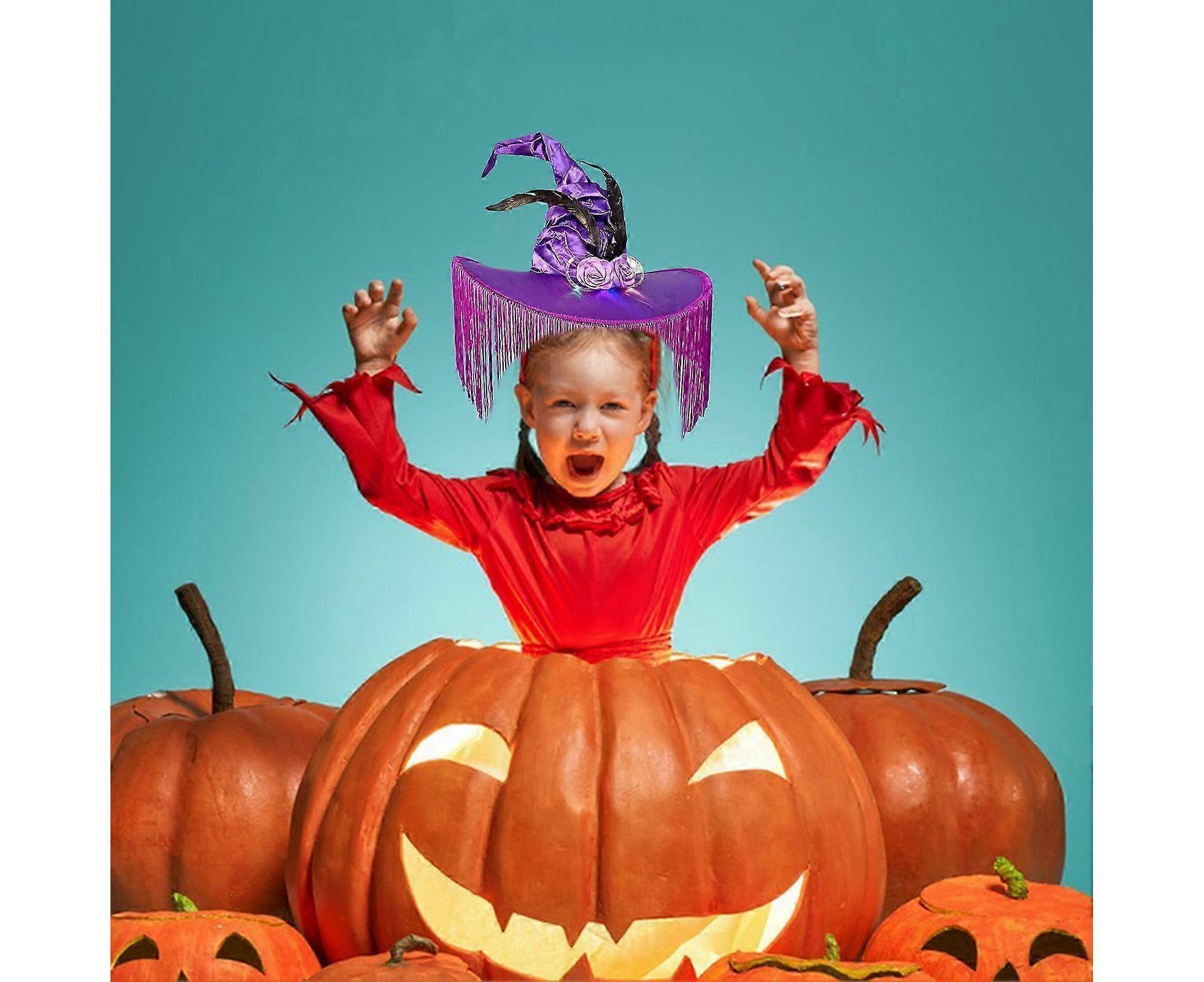Halloween Witch Hat Wide Brim Tassel Wizard Hat With Artificial Rose Women Halloween Costume Accessory-Purple - Image 3