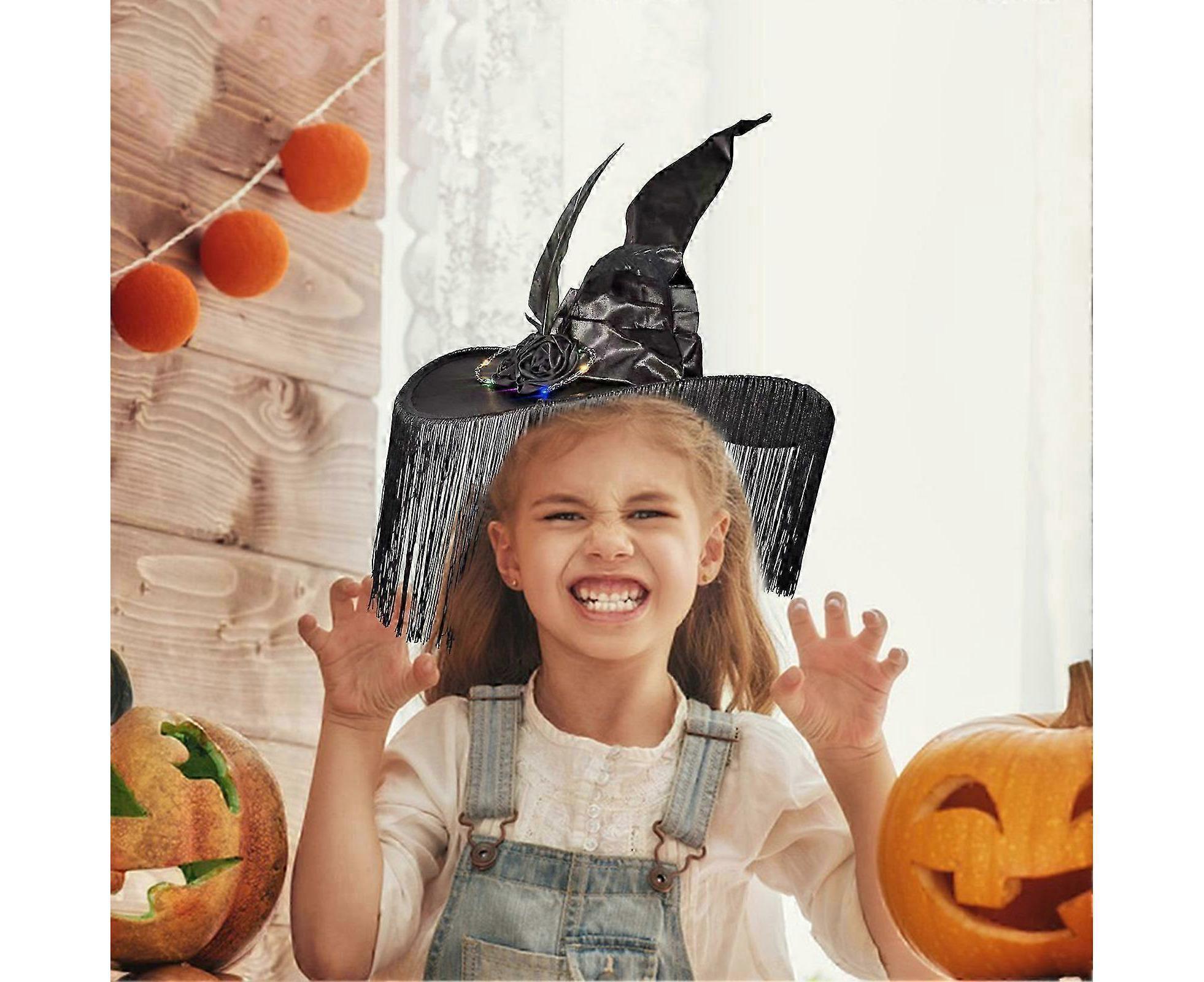 Halloween Witch Hat Wide Brim Tassel Wizard Hat With Artificial Rose Women Halloween Costume Accessory-Purple - Image 5