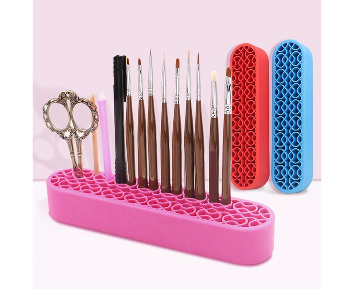 Silicone Nail Pen Holder Makeup Brush Display Stand Storage Case Desk Organizer-Pink - Image 2