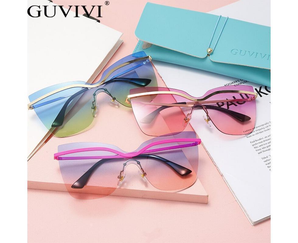 One Piece Cat Eye Sunglasses Fashion Brand Designer Oversize Gradient Eyeglasses Rimless Blue Pink Shades - Image 4