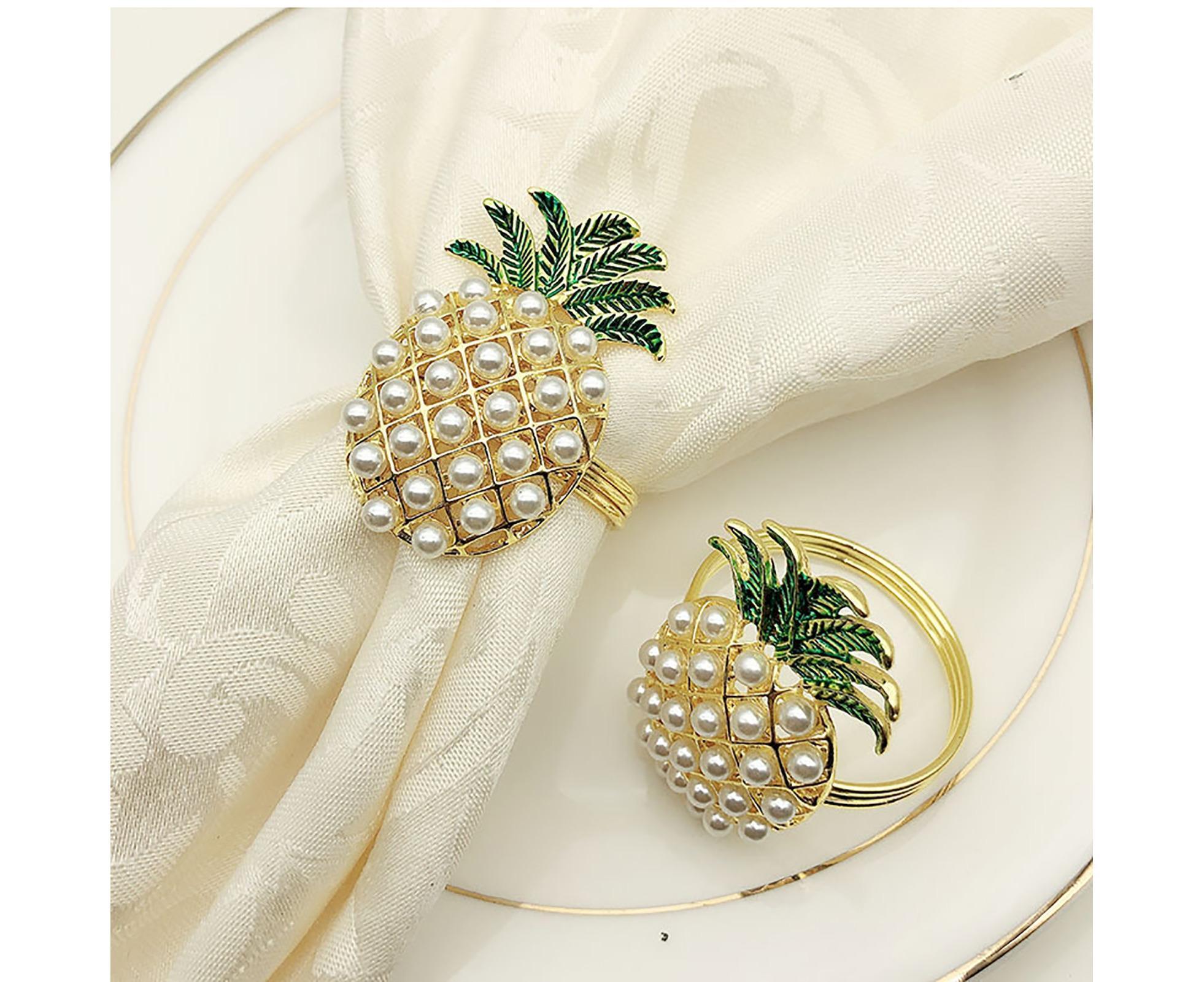 6Pcs Napkin Rings Pineapple Shape Faux Pearl Beaded Restaurant Hotel Table Decor-Silver - Image 2