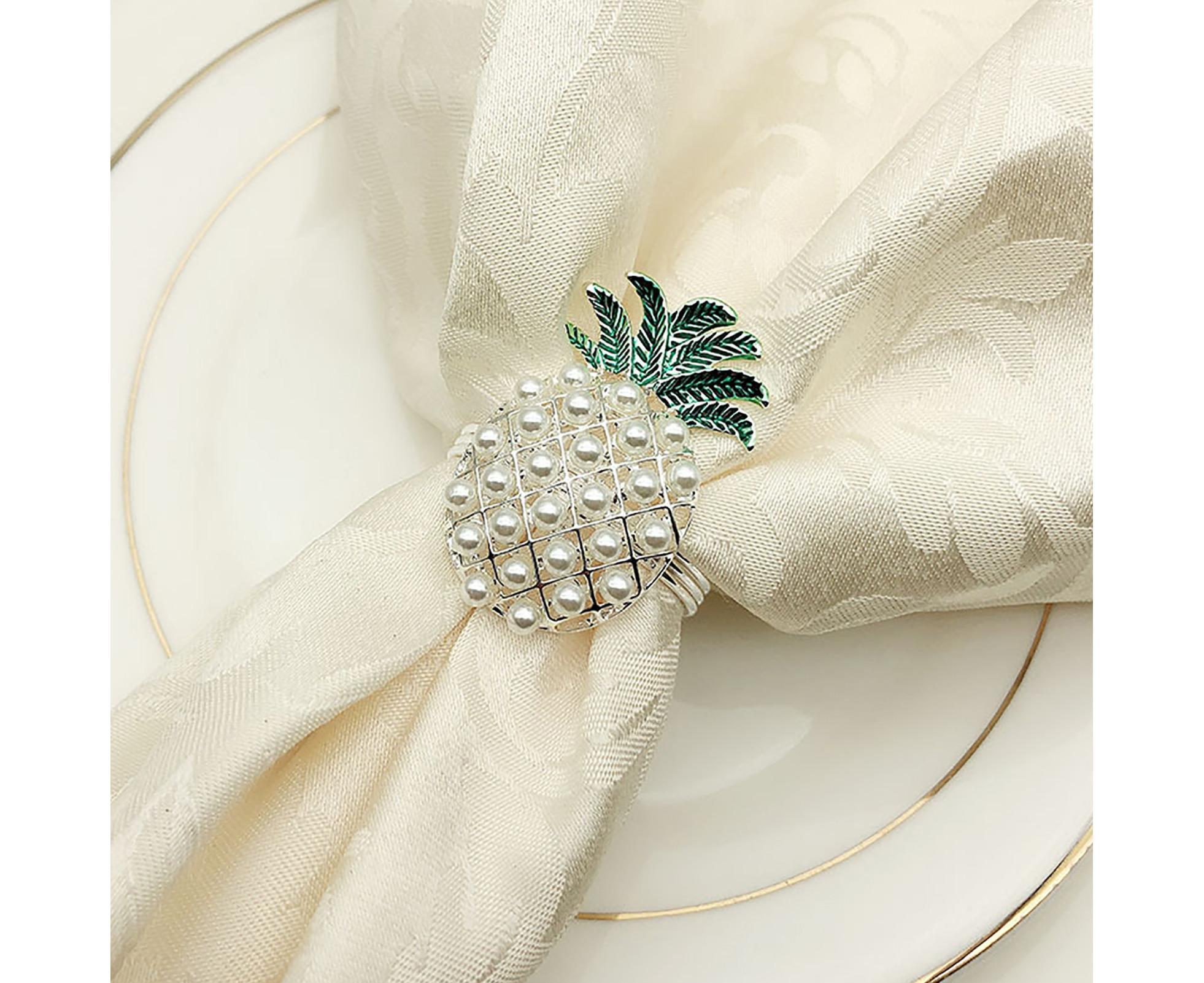 6Pcs Napkin Rings Pineapple Shape Faux Pearl Beaded Restaurant Hotel Table Decor-Silver - Image 8