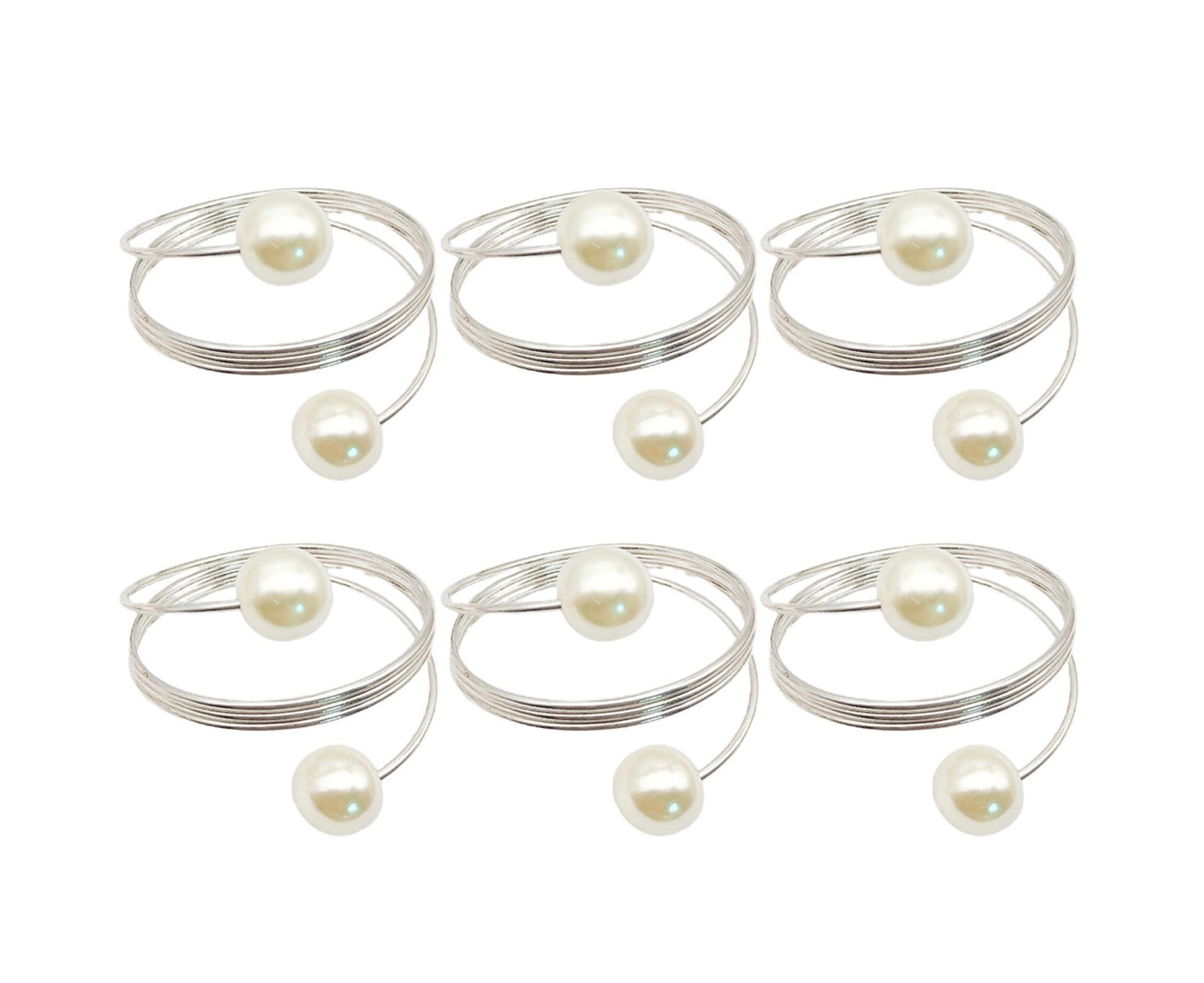6Pcs Artificial Pearl Spring Shape Towel Napkin Ring Hotel Party Banquet Decor-Silver - Image 1