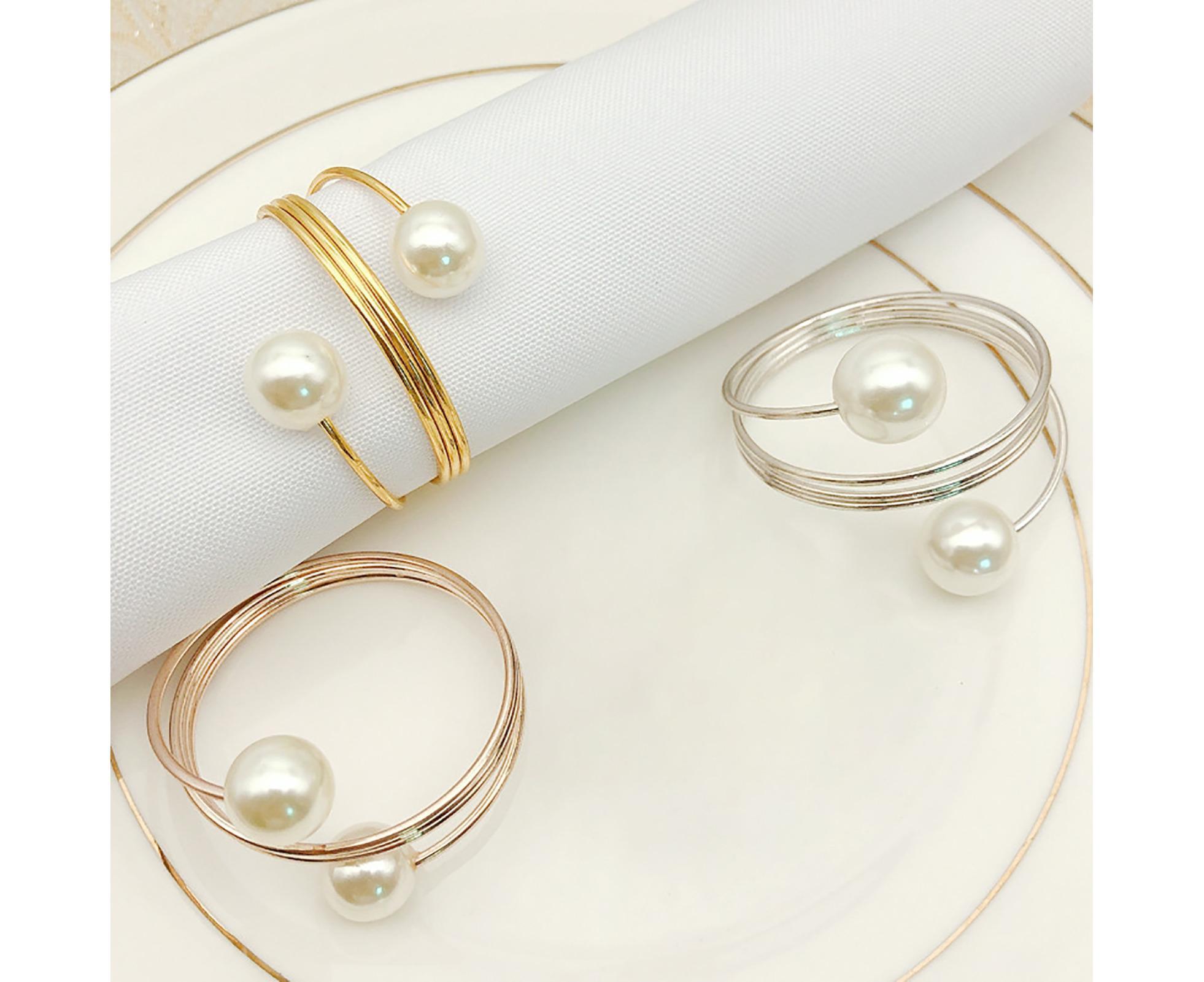 6Pcs Artificial Pearl Spring Shape Towel Napkin Ring Hotel Party Banquet Decor-Silver - Image 2