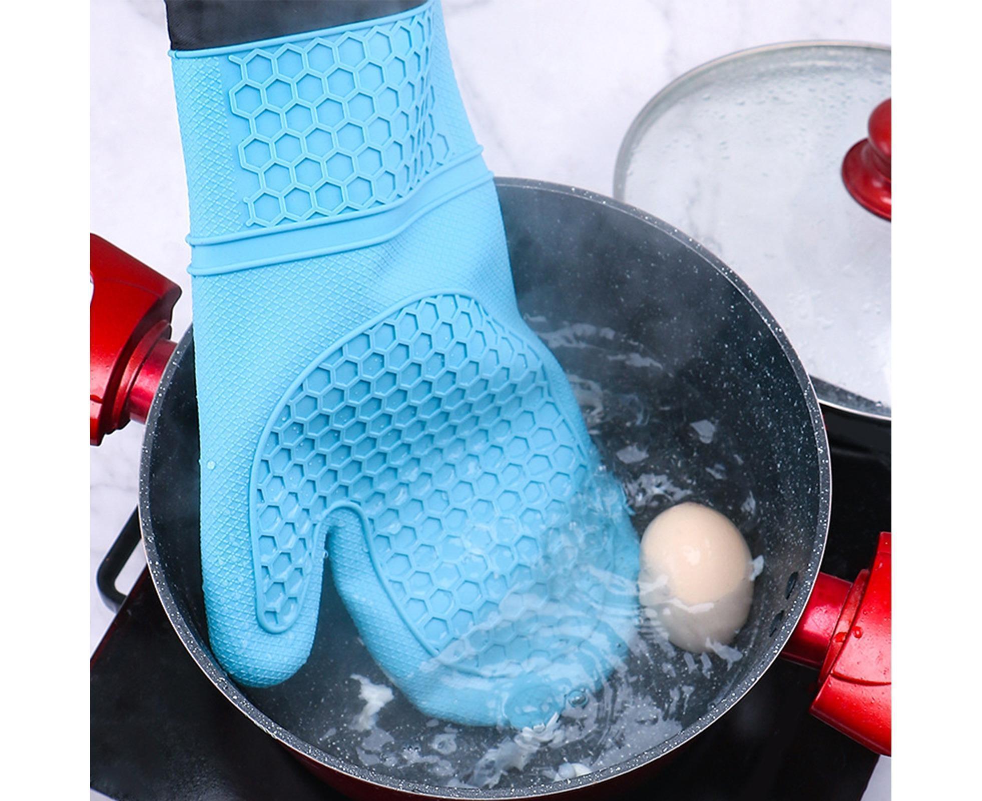 1Pc Waterproof Heat Resistant Silicone Mitt Triple Layer Hot Pads Oven Glove for Kitchen-Blue - Image 3