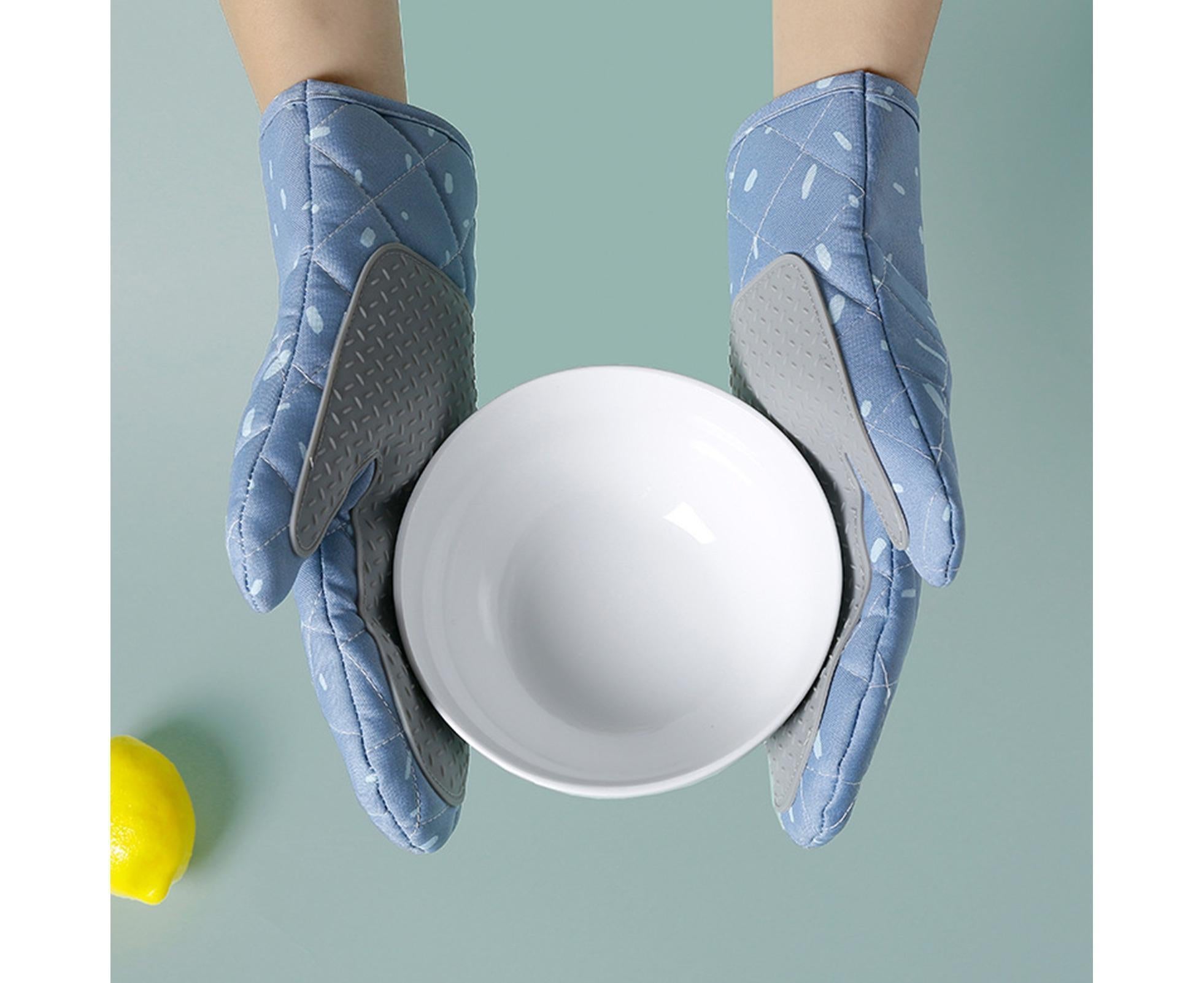1 Pair Oven Gloves Anti-sbabies Heat Insulation Fabric Thicker Baking Mitts for Kitchen-Blue - Image 2