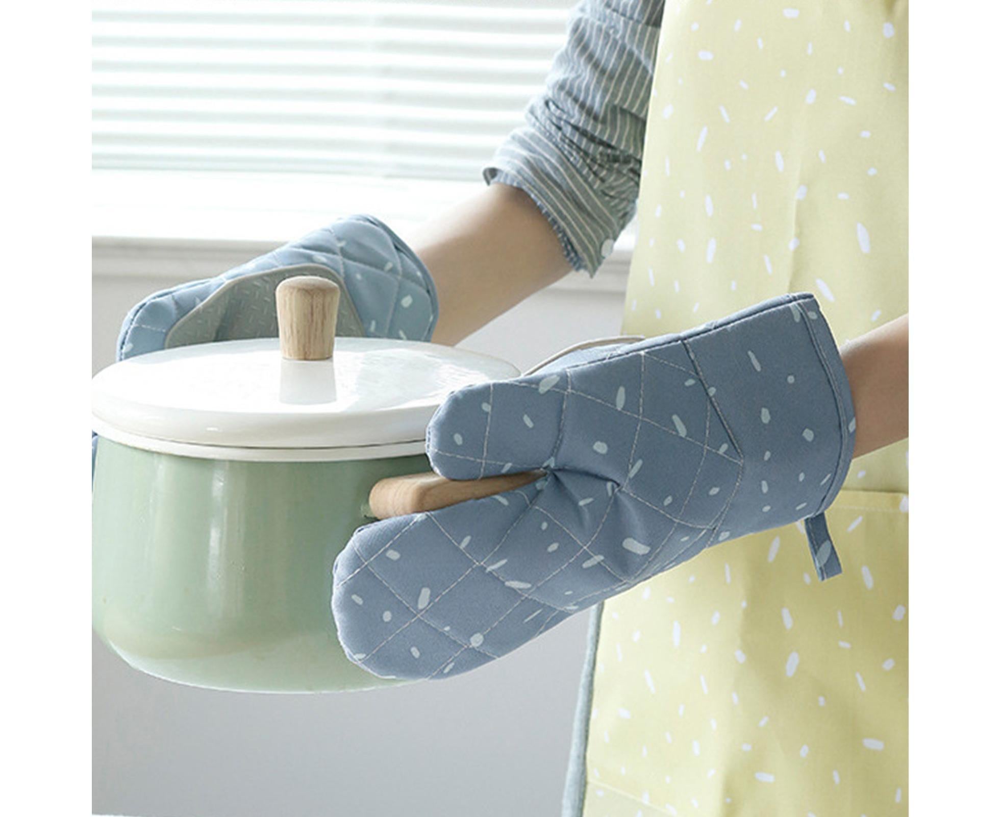1 Pair Oven Gloves Anti-sbabies Heat Insulation Fabric Thicker Baking Mitts for Kitchen-Blue - Image 3