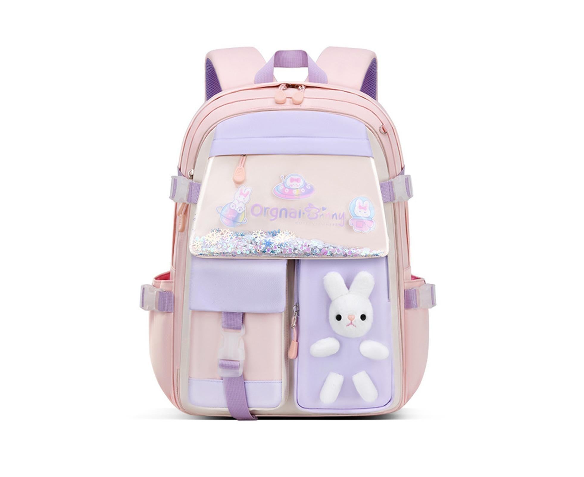 Students Backpack Cartoon Rabbit Waterproof Oxford Cloth Smooth Zipper Bookbag School Bag for Middle School Students - Pink - Image 1