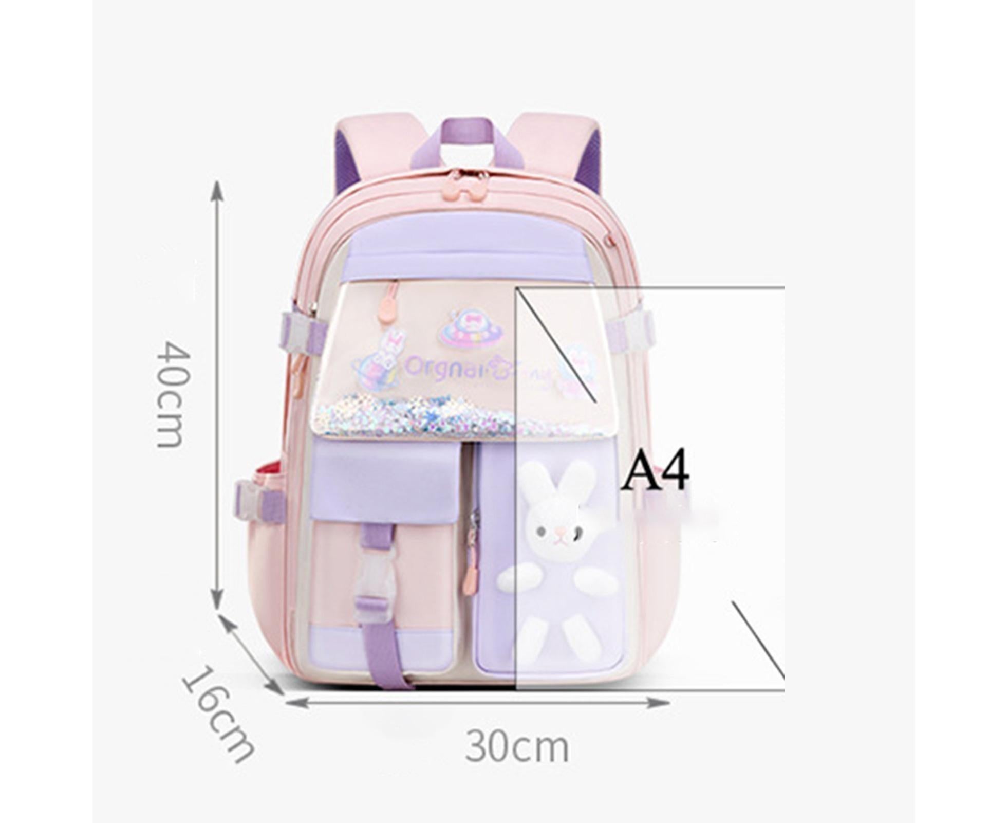 Students Backpack Cartoon Rabbit Waterproof Oxford Cloth Smooth Zipper Bookbag School Bag for Middle School Students - Pink - Image 2