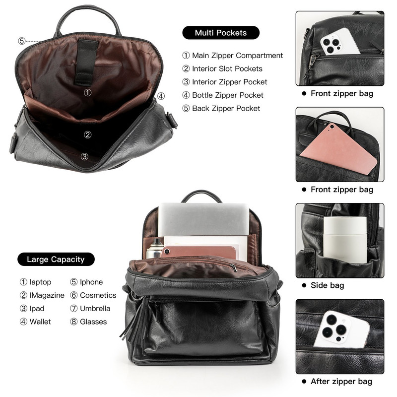 Black Fashionable Large-Capacity Women's Backpack - Waterproof, Durable, High-Quality PU Leather - Travel Backpack - Vintage-Style PU Leather Backpack - Image 4