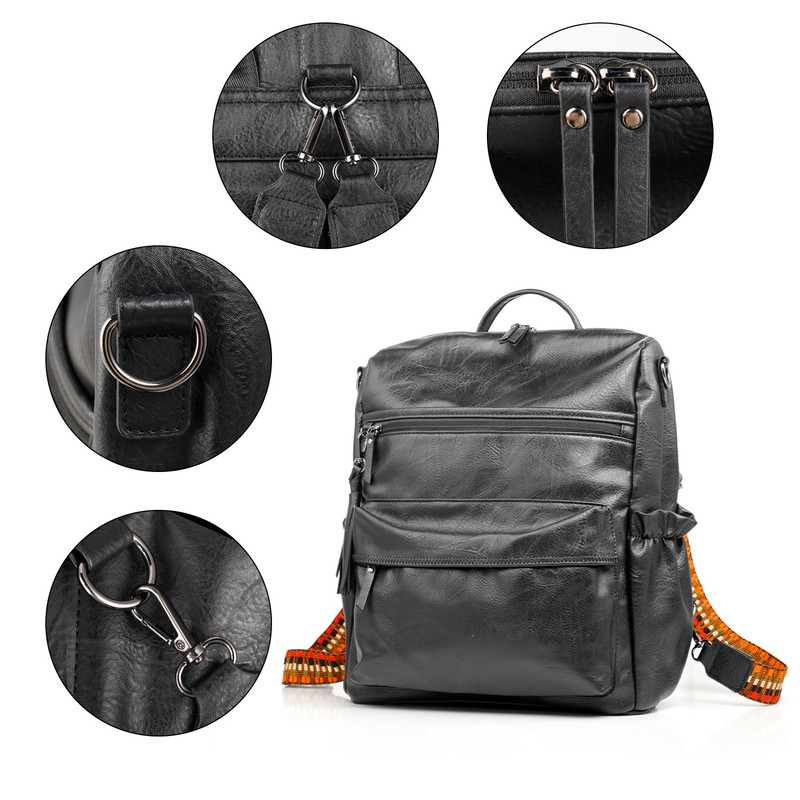 Black Fashionable Large-Capacity Women's Backpack - Waterproof, Durable, High-Quality PU Leather - Travel Backpack - Vintage-Style PU Leather Backpack - Image 5