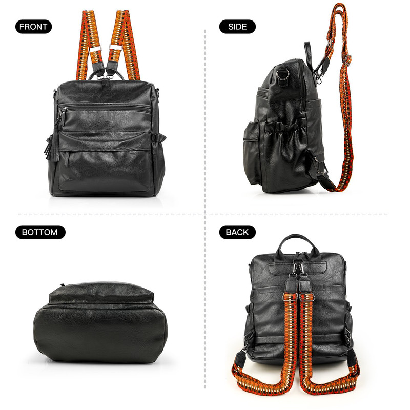 Black Fashionable Large-Capacity Women's Backpack - Waterproof, Durable, High-Quality PU Leather - Travel Backpack - Vintage-Style PU Leather Backpack - Image 6