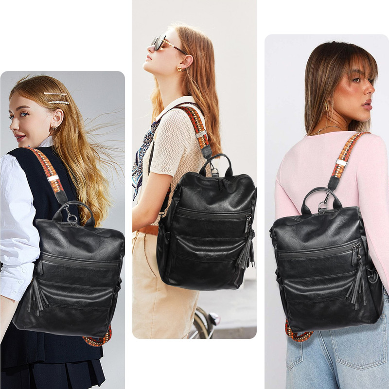 Black Fashionable Large-Capacity Women's Backpack - Waterproof, Durable, High-Quality PU Leather - Travel Backpack - Vintage-Style PU Leather Backpack - Image 7