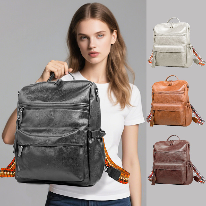 Black Fashionable Large-Capacity Women's Backpack - Waterproof, Durable, High-Quality PU Leather - Travel Backpack - Vintage-Style PU Leather Backpack - Image 8