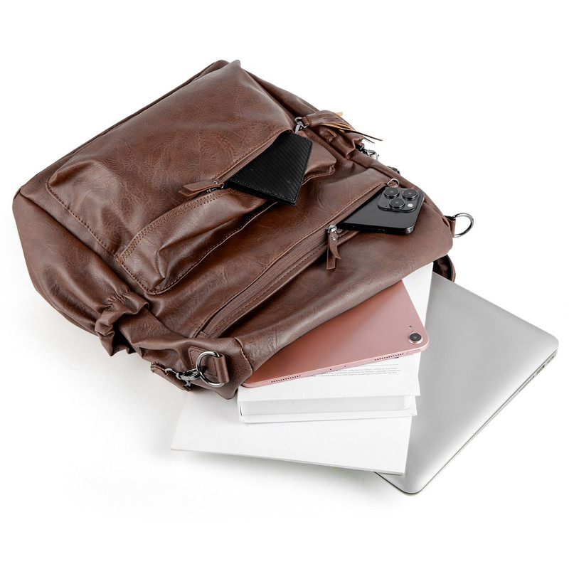 Brown Fashionable Large-Capacity Women's Backpack - Waterproof, Durable, High-Quality PU Leather - Travel Backpack - Vintage-Style PU Leather Backpack - Image 3