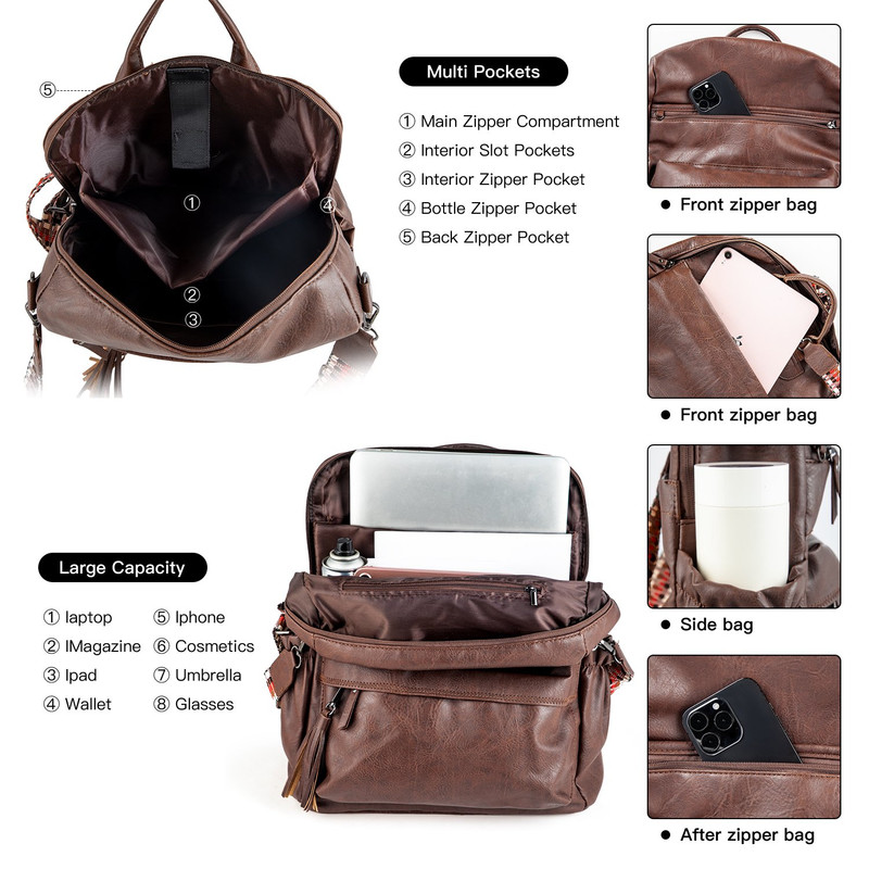 Brown Fashionable Large-Capacity Women's Backpack - Waterproof, Durable, High-Quality PU Leather - Travel Backpack - Vintage-Style PU Leather Backpack - Image 4