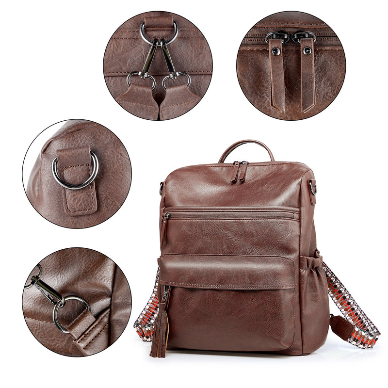 Brown Fashionable Large-Capacity Women's Backpack - Waterproof, Durable, High-Quality PU Leather - Travel Backpack - Vintage-Style PU Leather Backpack - Image 5
