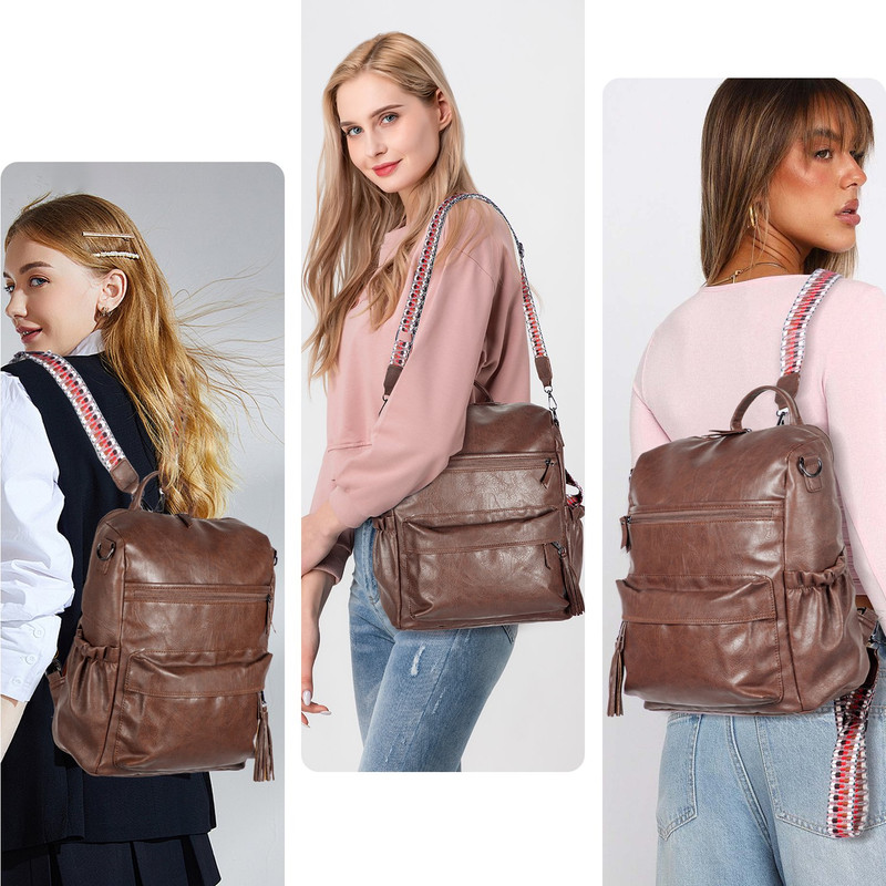 Brown Fashionable Large-Capacity Women's Backpack - Waterproof, Durable, High-Quality PU Leather - Travel Backpack - Vintage-Style PU Leather Backpack - Image 6
