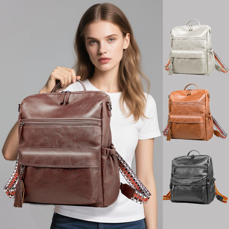 Brown Fashionable Large-Capacity Women's Backpack - Waterproof, Durable, High-Quality PU Leather - Travel Backpack - Vintage-Style PU Leather Backpack - Image 7