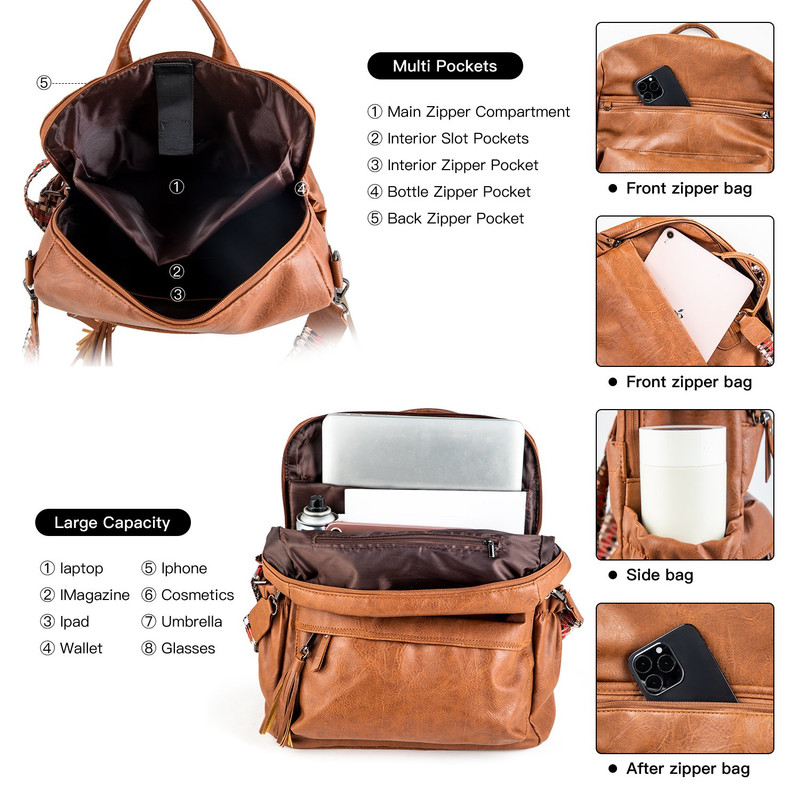 Coffee Fashionable Large-Capacity Women's Backpack - Waterproof, Durable, High-Quality PU Leather - Travel Backpack - Vintage-Style PU Leather Backpack - Image 4