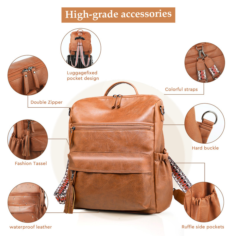 Coffee Fashionable Large-Capacity Women's Backpack - Waterproof, Durable, High-Quality PU Leather - Travel Backpack - Vintage-Style PU Leather Backpack - Image 5