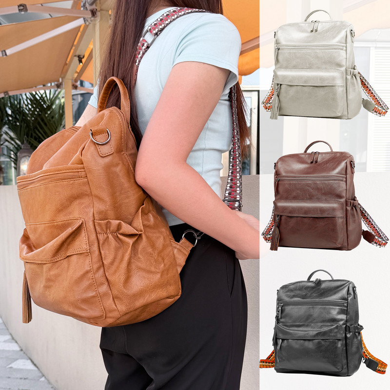 Coffee Fashionable Large-Capacity Women's Backpack - Waterproof, Durable, High-Quality PU Leather - Travel Backpack - Vintage-Style PU Leather Backpack - Image 7