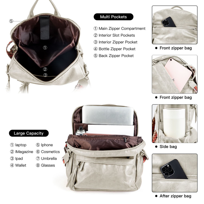 Grey Fashionable Large-Capacity Women's Backpack - Waterproof, Durable, High-Quality PU Leather - Travel Backpack - Vintage-Style PU Leather Backpack - Image 4