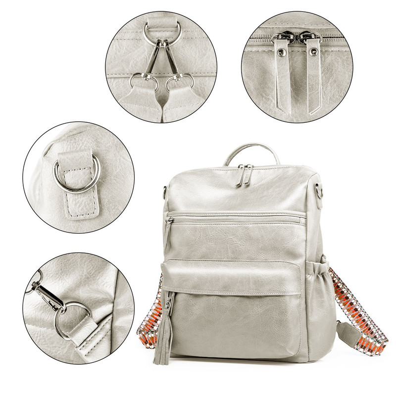 Grey Fashionable Large-Capacity Women's Backpack - Waterproof, Durable, High-Quality PU Leather - Travel Backpack - Vintage-Style PU Leather Backpack - Image 5