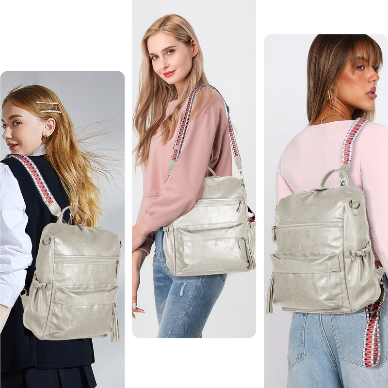 Grey Fashionable Large-Capacity Women's Backpack - Waterproof, Durable, High-Quality PU Leather - Travel Backpack - Vintage-Style PU Leather Backpack - Image 7