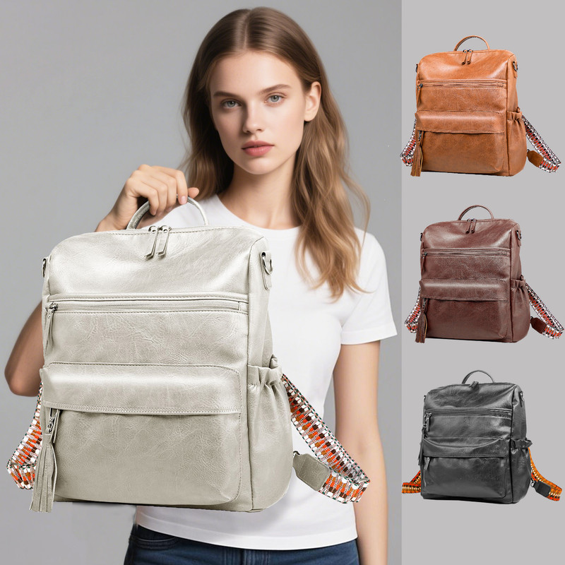 Grey Fashionable Large-Capacity Women's Backpack - Waterproof, Durable, High-Quality PU Leather - Travel Backpack - Vintage-Style PU Leather Backpack - Image 8