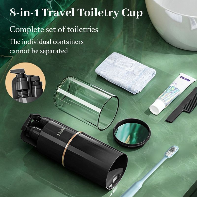 8-in-1 Portable Travel Toiletry Organizer Cup, Travel-Sized Toiletry Set for Business Trips and Vacations, Multifunctional All-in-One Travel Essential - Black - Image 3