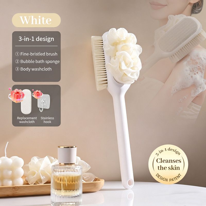 3-in-1 Multi-Functional Long-Handled Body Scrub Brush: Bath Sponge + Soft-Bristle Brush + Washcloth All-in-One, Home Exfoliating Bath Brush, Back Scrubber—White - Image 2