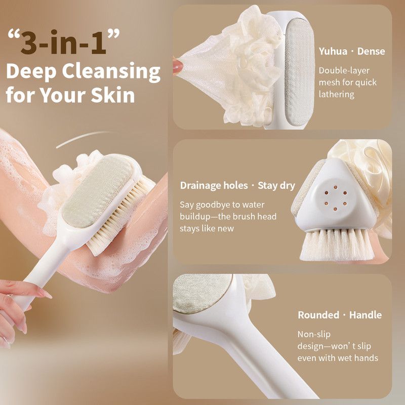3-in-1 Multi-Functional Long-Handled Body Scrub Brush: Bath Sponge + Soft-Bristle Brush + Washcloth All-in-One, Home Exfoliating Bath Brush, Back Scrubber—White - Image 5