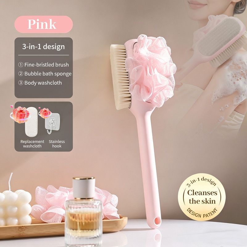3-in-1 Multi-Functional Long-Handled Body Scrub Brush, Combining Bath Sponge + Soft-Bristle Brush + Washcloth in One, Home Exfoliating Bath Brush, Back Scrubber - Pink - Image 1