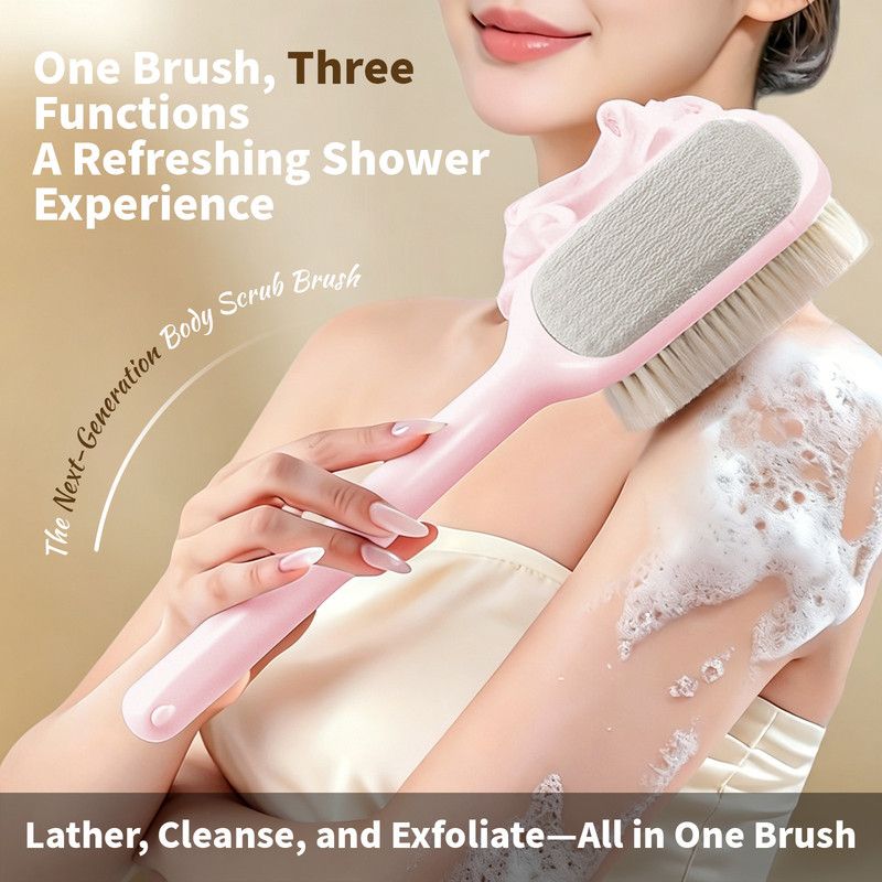 3-in-1 Multi-Functional Long-Handled Body Scrub Brush, Combining Bath Sponge + Soft-Bristle Brush + Washcloth in One, Home Exfoliating Bath Brush, Back Scrubber - Pink - Image 2