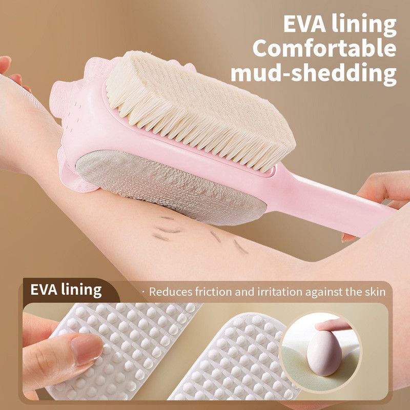 3-in-1 Multi-Functional Long-Handled Body Scrub Brush, Combining Bath Sponge + Soft-Bristle Brush + Washcloth in One, Home Exfoliating Bath Brush, Back Scrubber - Pink - Image 3