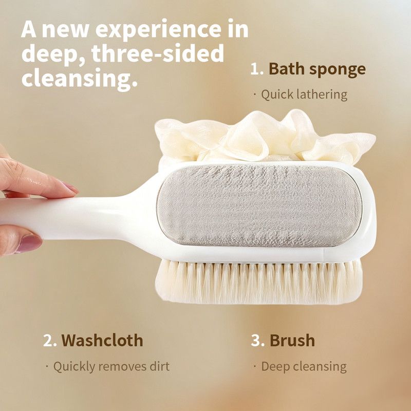 3-in-1 Multi-Functional Long-Handled Body Scrub Brush, Combining Bath Sponge + Soft-Bristle Brush + Washcloth in One, Home Exfoliating Bath Brush, Back Scrubber - Pink - Image 4