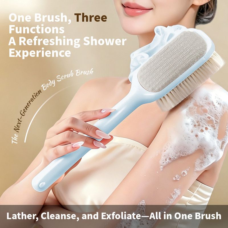 3-in-1 Multi-Functional Long-Handled Bath Brush, Combining Bath Sponge, Soft-Bristle Brush, and Washcloth in One, Home Exfoliating Bath Brush, Back Scrubber - Blue - Image 1