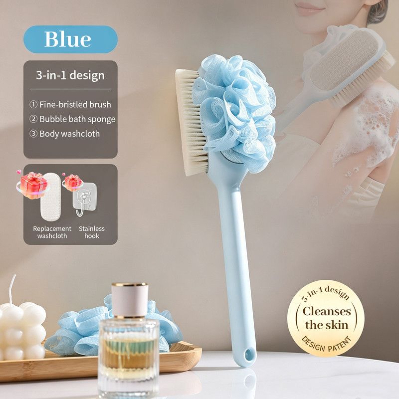 3-in-1 Multi-Functional Long-Handled Bath Brush, Combining Bath Sponge, Soft-Bristle Brush, and Washcloth in One, Home Exfoliating Bath Brush, Back Scrubber - Blue - Image 2