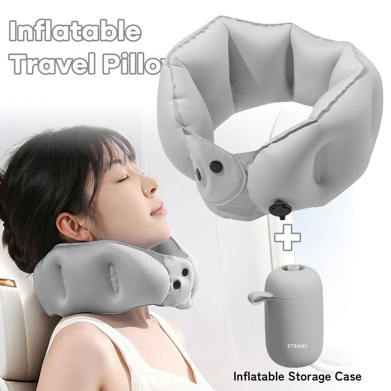 Portable Inflatable Travel Neck Pillow, Nap Pillow, Comfortable Neck Support for Long Trips, Easy to Pack for Business Trips and Travel, Foldable and Slim Travel Pillow - Gray - Image 1