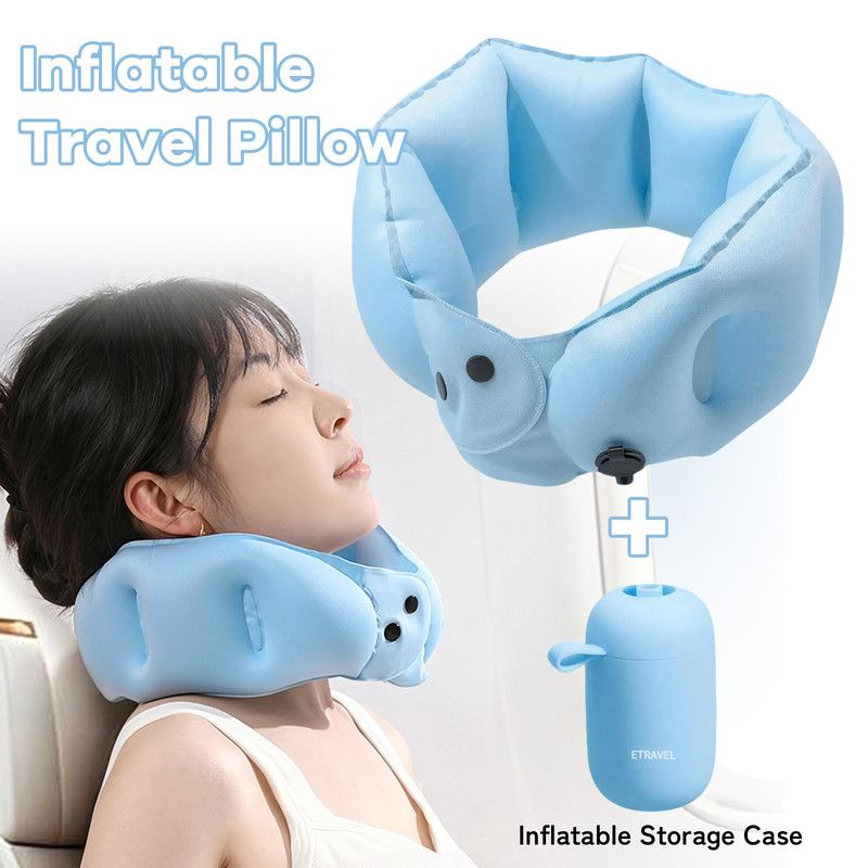 Portable Inflatable Travel Neck Pillow, Nap Pillow, Comfortable Neck Support for Long Trips, Easy to Pack for Business Trips and Travel, Foldable and Slim Travel Pillow - Blue - Image 1