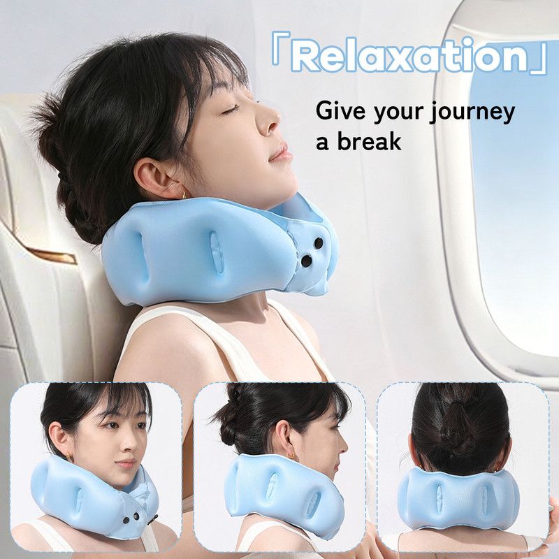 Portable Inflatable Travel Neck Pillow, Nap Pillow, Comfortable Neck Support for Long Trips, Easy to Pack for Business Trips and Travel, Foldable and Slim Travel Pillow - Blue - Image 2