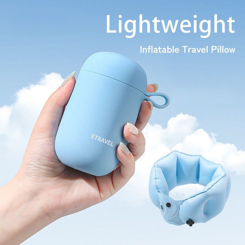 Portable Inflatable Travel Neck Pillow, Nap Pillow, Comfortable Neck Support for Long Trips, Easy to Pack for Business Trips and Travel, Foldable and Slim Travel Pillow - Blue - Image 3