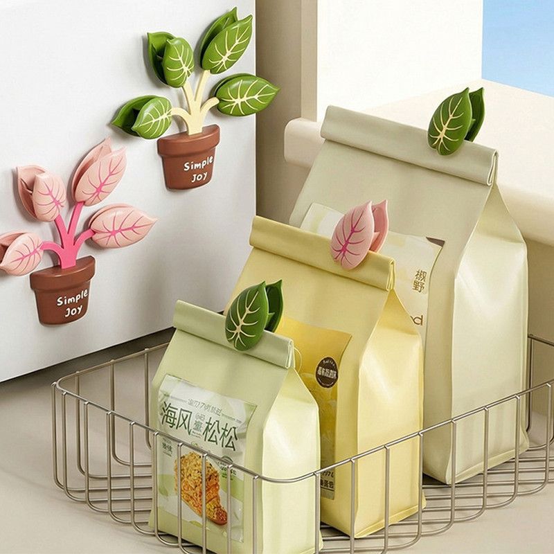 Household Food Bag Freshness Sealing Clips, Creative Plant Pot Magnetic Clips, Multifunctional Fridge Magnet Clips, Cute Leaf-Shaped Food Bag Clips，2-pack - Pink + Green - Image 4