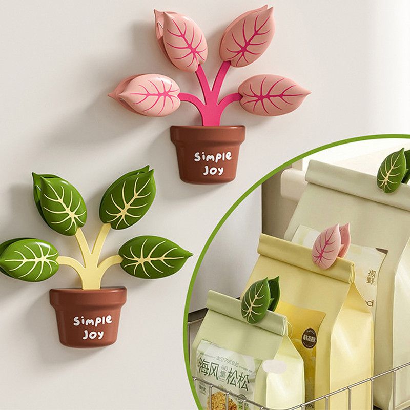 Household Food Bag Freshness Sealing Clips, Creative Plant Pot Magnetic Clips, Multifunctional Fridge Magnet Clips, Cute Leaf-Shaped Food Bag Clips，2-pack - Pink + Green - Image 7